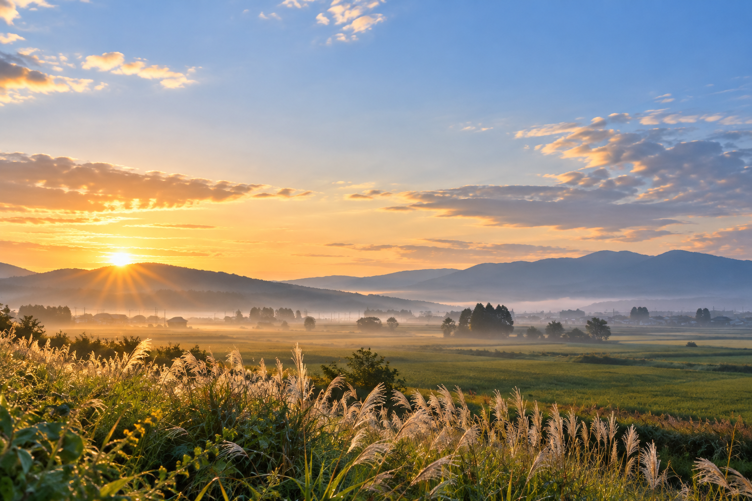 朝の光の中に田畑と山々が広がる風景