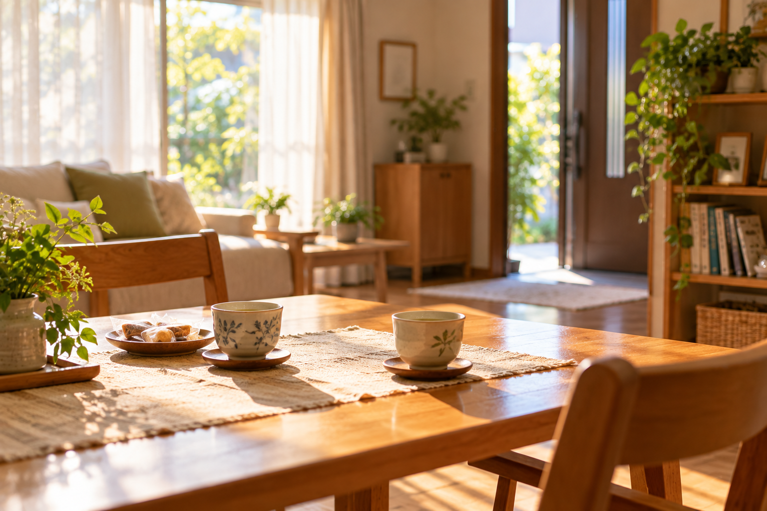二つの湯飲みが置かれ、人とのつながりを感じさせる明るい居間