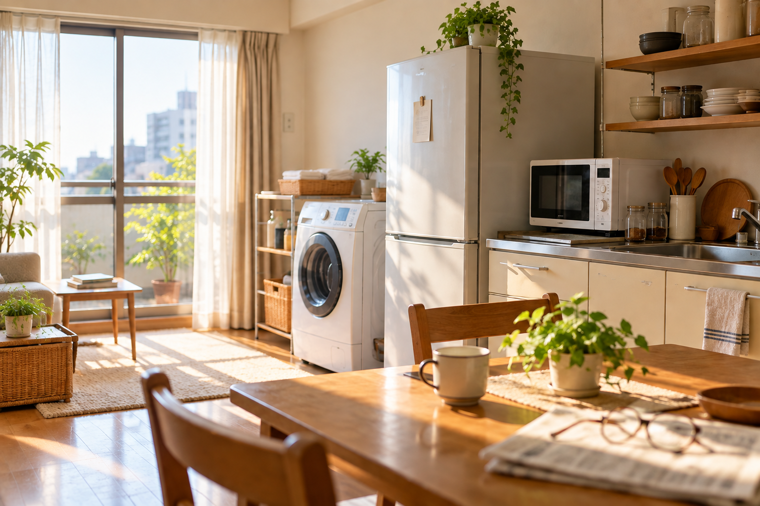 電子レンジや冷蔵庫、洗濯機などがある、人のいない日常の生活空間