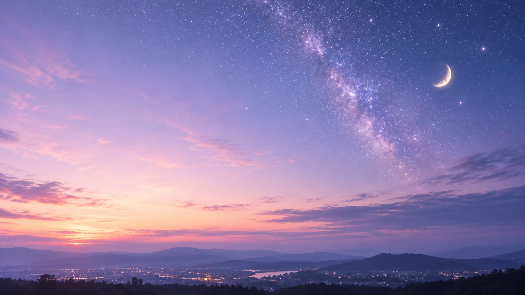 紫がかった夜空に星と月が広がる風景