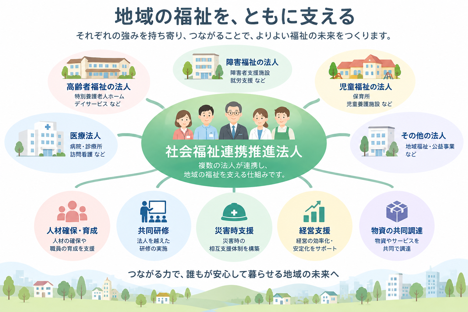 社会福祉連携推進法人を中心に、高齢者福祉、障害福祉、児童福祉などの法人が連携し、人材確保・育成、共同研修、災害時支援、経営支援、物資の共同調達に取り組む仕組み