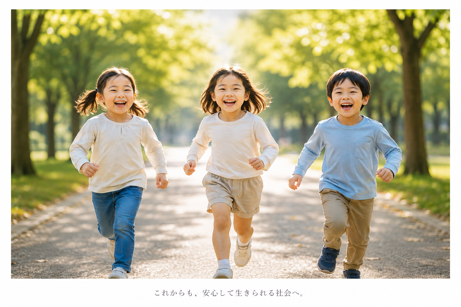 木漏れ日の公園を笑顔で走る三人の子どもたち