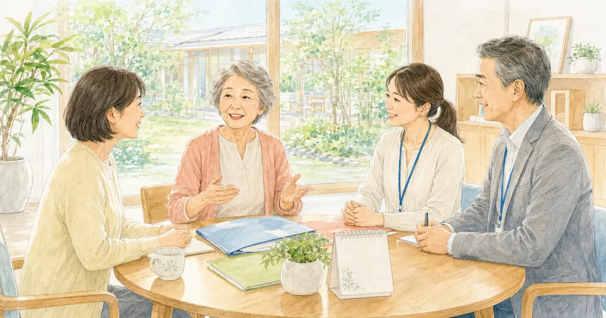 本人と家族、世代の異なる支援者が役割を分けて将来について話し合う様子