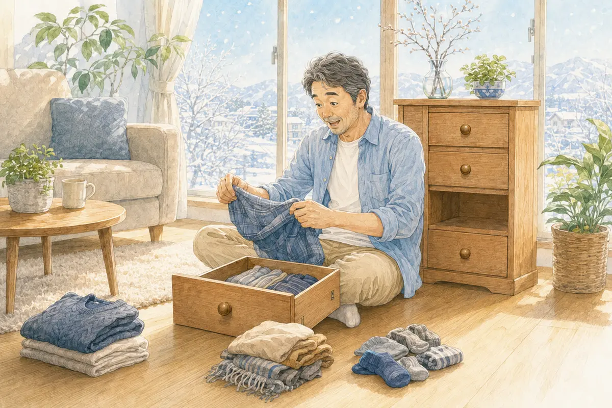 引き出し一段だけを取り出して整理を始めた男性