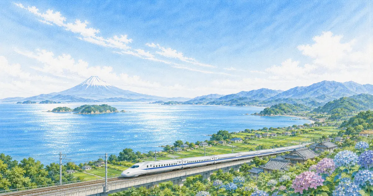 輝く海と富士山を望む田園地帯を走る新幹線