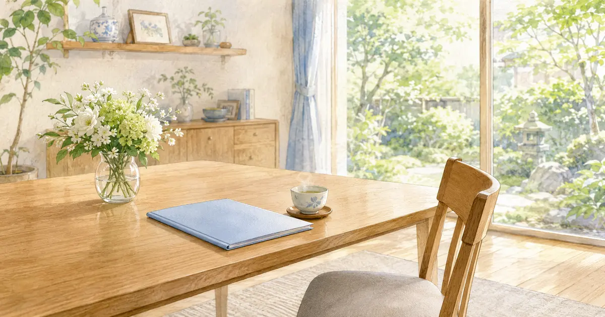 家族が暮らしていた明るい家で花とお茶、閉じた書類ファイルが静かに置かれた食卓