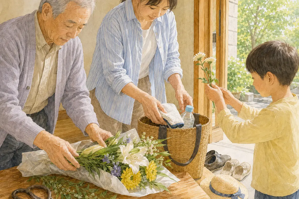 三世代の家族が墓参りの花と道具を一緒に準備する様子