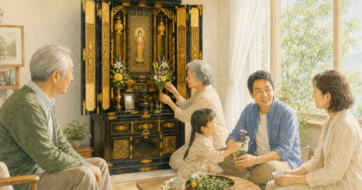 明るい室内で床置き型金仏壇を囲み、三世代の家族が花を整えながら語らう様子