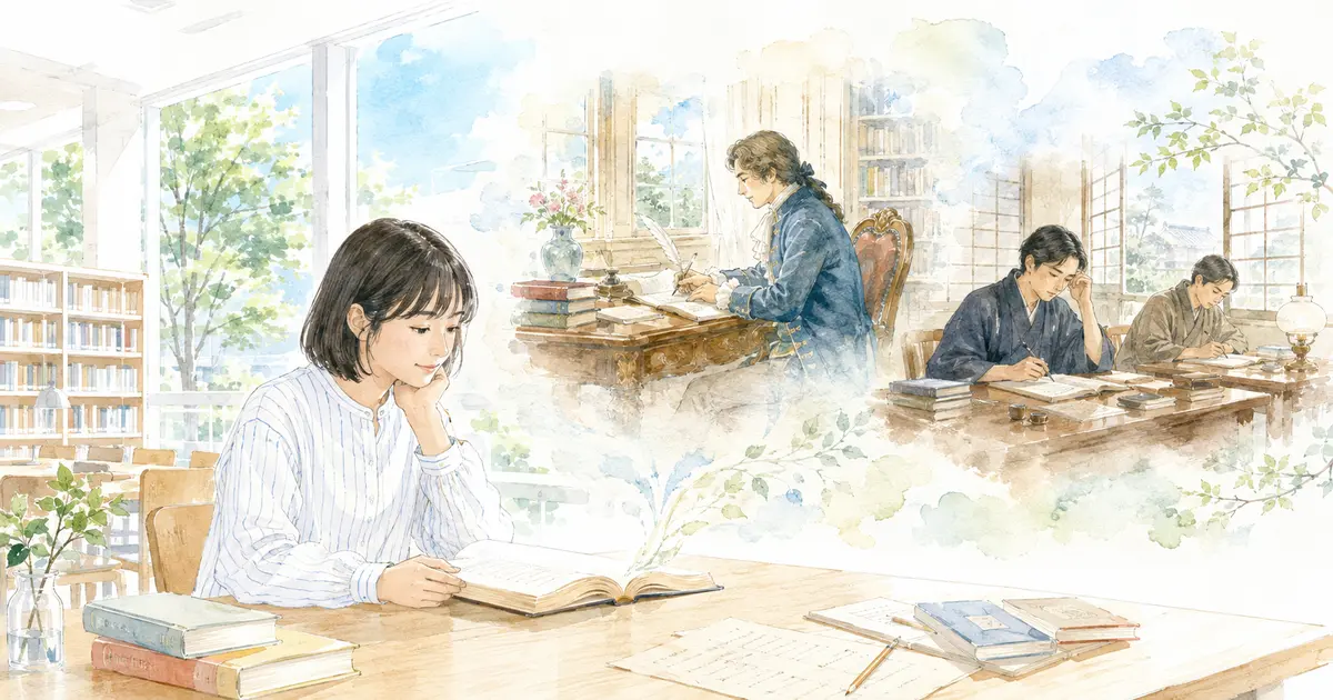 現代の若者が文学を通して時代を越えた生と死への問いに触れる様子