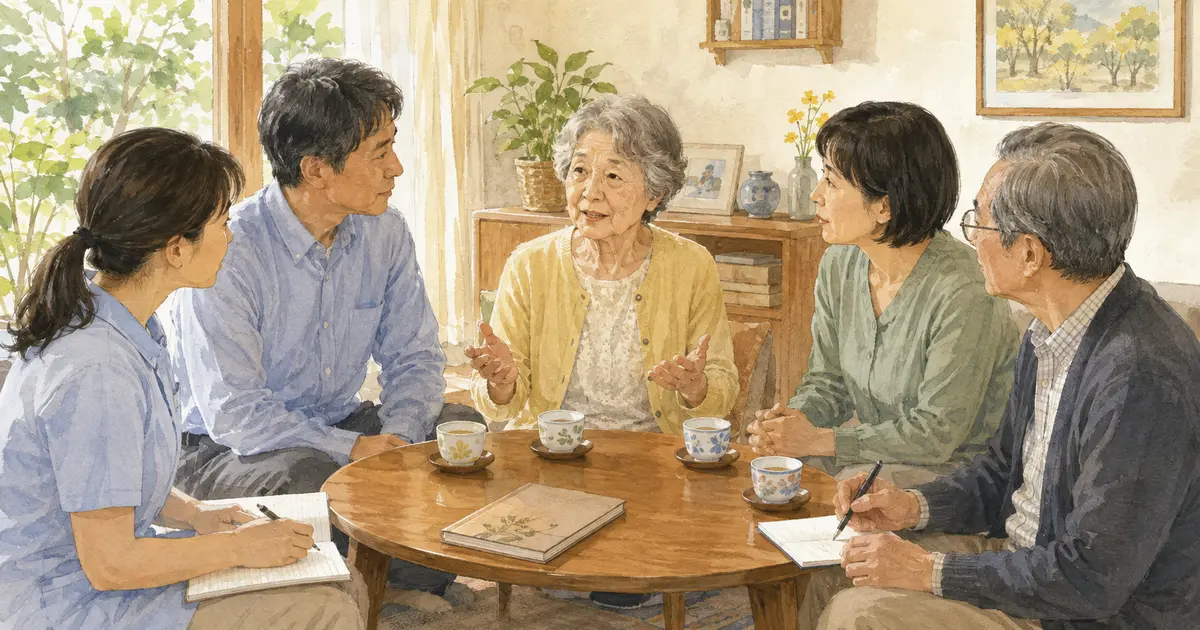 高齢の女性が家族と医療・介護の関係者に自分の希望を伝える人生会議の様子