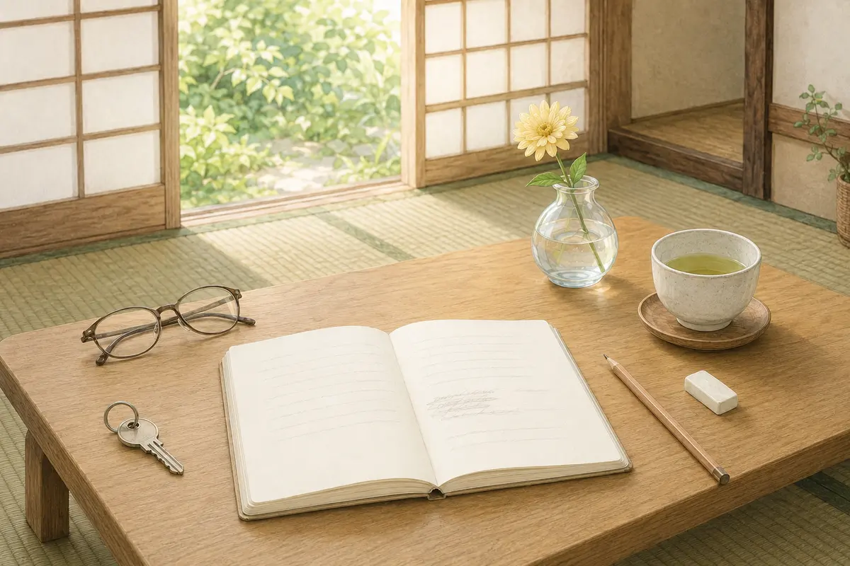 明るい和室の座卓に、希望を見直すためのノートと鉛筆、消しゴム、眼鏡、家の鍵が置かれた様子